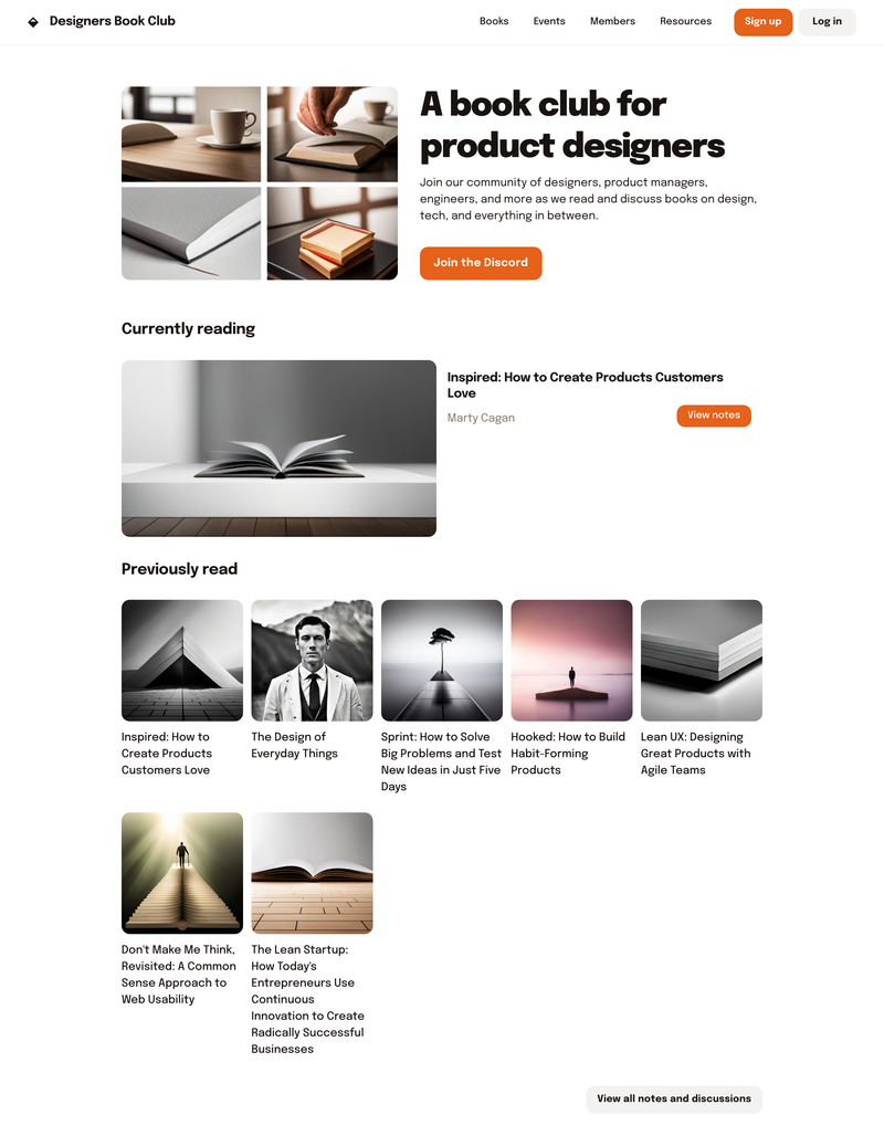 A landing page for a book club for product designers, called 'Designer Book Club'. Users can view previously read books and their notes & discussions, see what book is being read currently, and join the Discord community where the book club takes place.