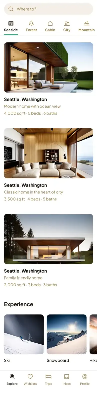 home page for real estate app, focusing on popular homes in seattle