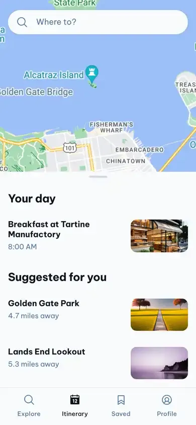 I need two types of markers on a map view, one for items that are on your itinerary for a specific day and others are recommendations of what things you could add. Give me a beautiful, modern map interface with two different types of marker pins