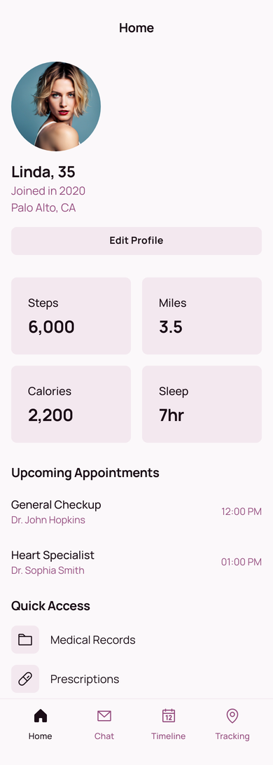 I want a dashboard page for this healthcare app with bottom navigation bar that includes tabs for Home, Chat, Timeline and Tracking
