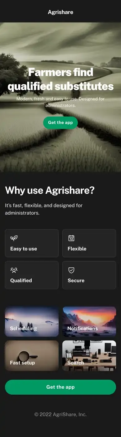 Create a modern landing page for a subscription service that let farmers find qualified substitutes, with admin tools that reduce the amount of time farmer and substitutes need to spend on typical admin work. It includes a hero section that shows the USPs of the modern and fresh mobile app the service provide.