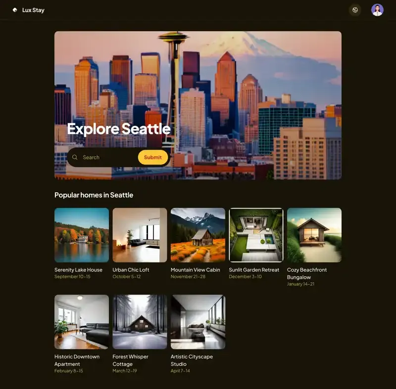 a home page for real estate app, showing popular homes in seattle