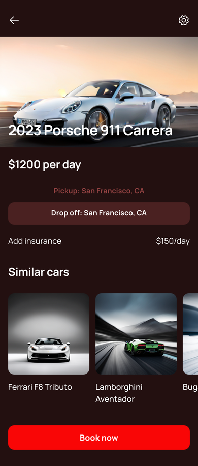 App for sprcialized porache car service. Dark mode with accent colour red. Premium look and imagery