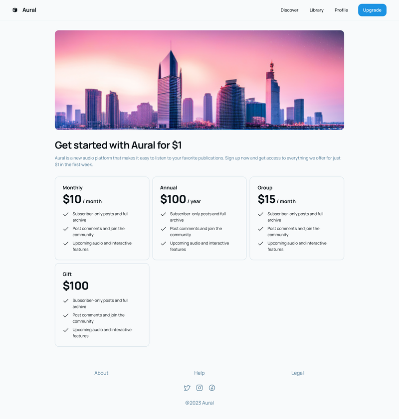 a modern pricing page with options for the first week starting at one dollar