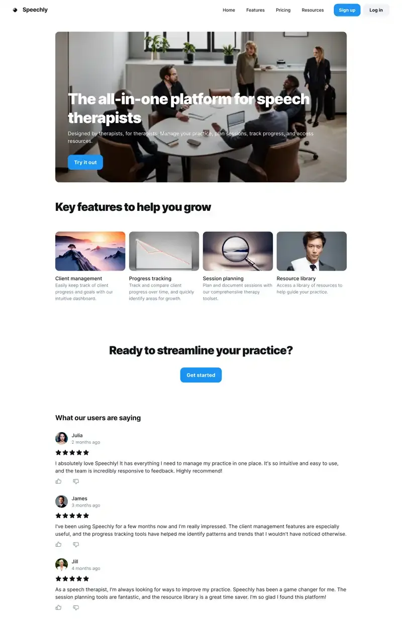 A feature's page for a speech therapist productivity web app