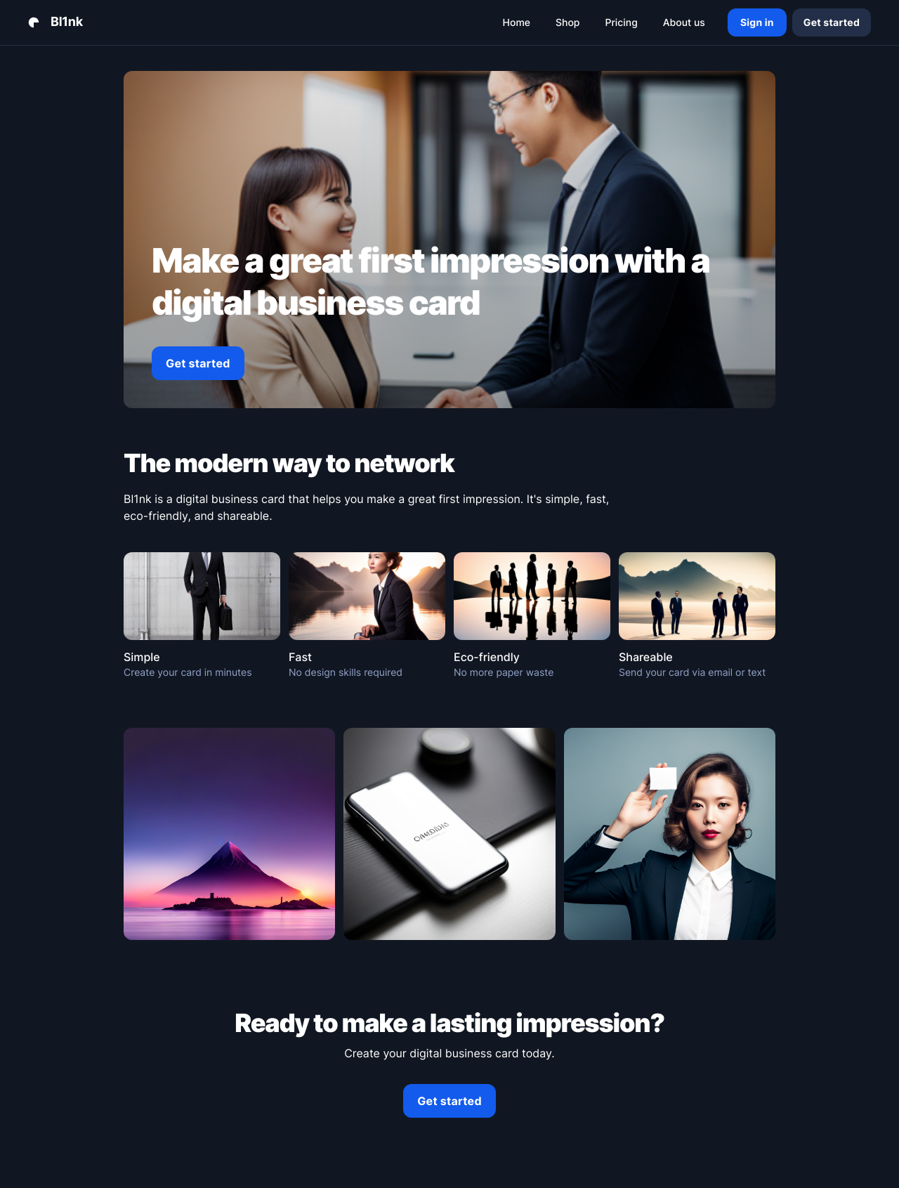 Create a landing page for an NFC digital business card company. The business name is Bl1nk.