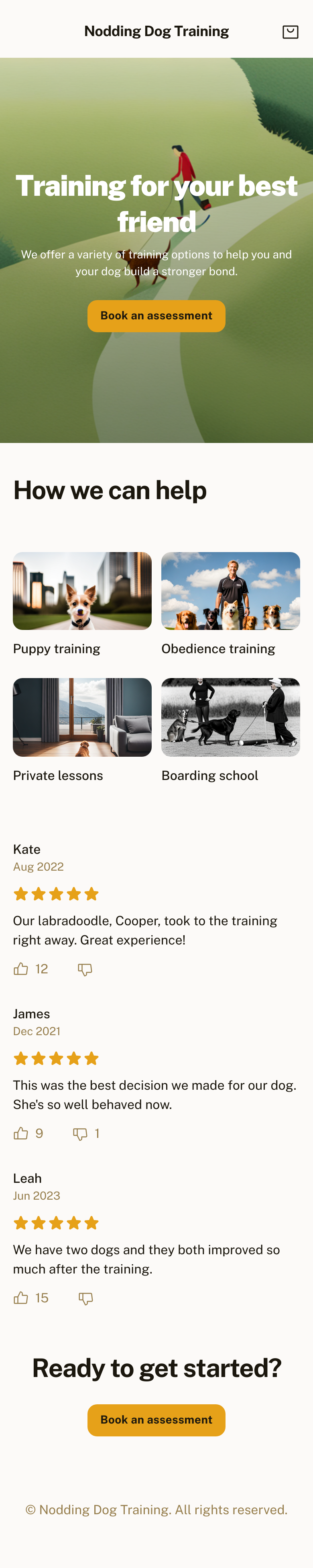 A website for Nodding Dog Training. The vibe is simple, retro but minimal, with a clear journey for the user as the come to the front page to bring them to the initial assessment booking button.