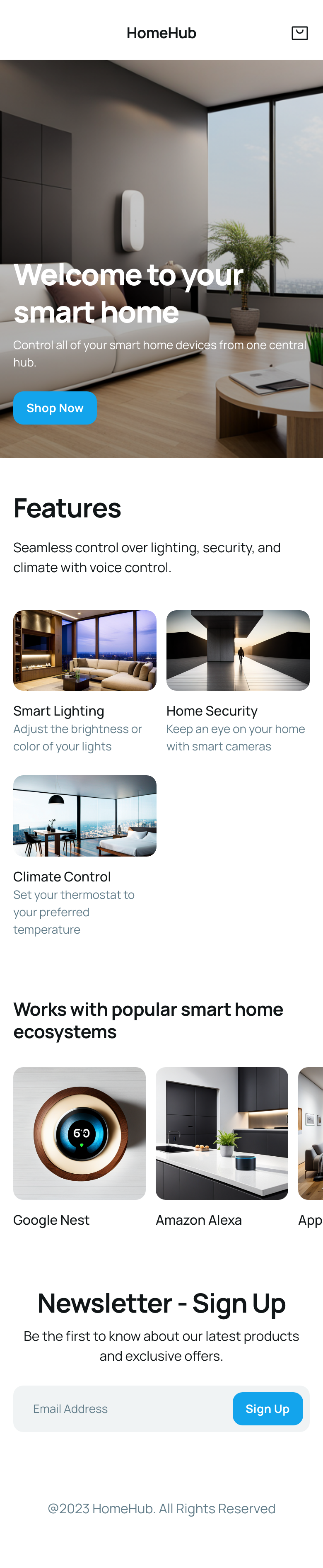 Design a landing page for "HomeHub," an innovative smart home device that centralizes control over various household functions. The product seamlessly integrates with smart lighting, security systems, and home appliances. The landing page should exude modernity and sophistication, with a clean layout and a color palette that complements contemporary home aesthetics. Emphasize the device's intuitive user interface, showcasing its ability to simplify home management. Use high-quality visuals to highlight key features such as voice control, energy efficiency, and compatibility with popular smart home ecosystems.