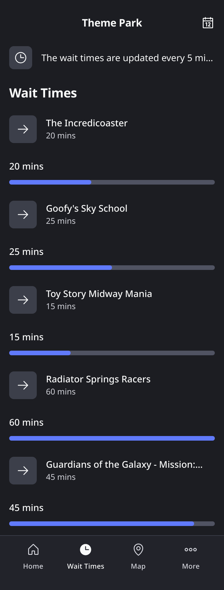 Page in a theme park attraction waiting times app, where users can view the queue times of all the attractions of a theme park. List only with colors for the different waiting times. Don't use images for the attractions. The page must be playful and modern.