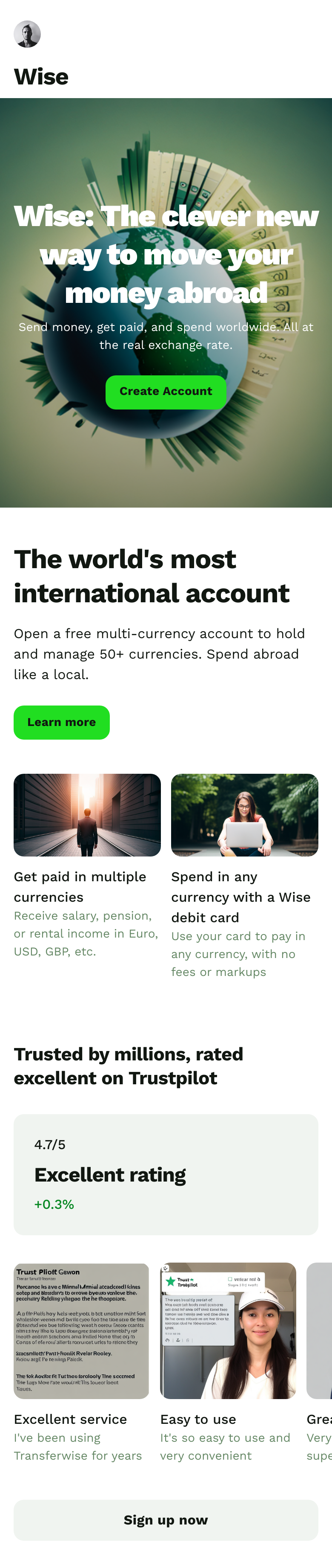 landing page for a foreign exchange website with green and white as the color scheme